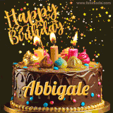 A delightful chocolate birthday cake with bright candles and 'Happy Birthday Abbigale' written in gold amidst a shower of animated stars.