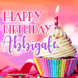 A vibrant birthday GIF featuring a rainbow-colored cupcake topped with white frosting, sprinkles, and a lit candle. The text reads 'Happy Birthday Abbigale' in bold pink and violet letters with white outline.