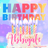 A vibrant animated name GIF with the words 'Happy Birthday Abbigale' with colorful candles on a creamy cake. The background sparkles with pastel shades, adding a festive touch.