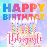 A vibrant animated name GIF with the words 'Happy Birthday Abbigayle' with colorful candles on a creamy cake. The background sparkles with pastel shades, adding a festive touch.