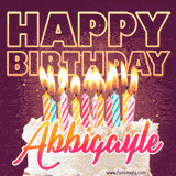 A colorful birthday cake topped with lit candles, with the words 'Happy Birthday Abbigayle' in bold glowing letters on a burgundy background. Animated flames add a festive touch.