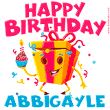 A vibrant and funny gift box character with a happy face dancing with a cupcake and the text 'Happy Birthday Abbigayle,' surrounded by animated confetti and party vibes.