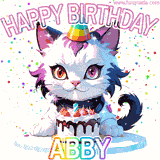 Adorable party-themed animated cat next to a lit birthday cake with text that says 'Happy Birthday Abby,' surrounded by colorful decorations and sparkles.