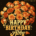 Beautiful bouquet of orange and red roses for Abby, golden inscription and twinkling stars