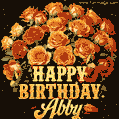 Animated bouquet of orange roses with moving butterfles and golden 'Happy Birthday Abby' text, surrounded by sparkling accents and a dark backdrop for a luxurious feel.