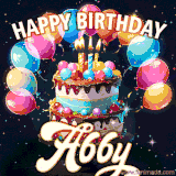 Bright birthday animation for Abby with a chocolate cake, candles, balloons, and glowing celebratory lights.
