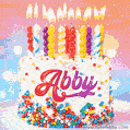Personalized for Abby elegant birthday cake adorned with rainbow sprinkles, colorful candles and glitter