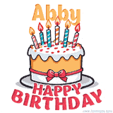 Cartoon birthday cake with a red bow, glowing candles, and 'Abby Happy Birthday' text in bold animated style.