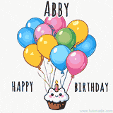 An adorable and cute cupcake with a smiley face and moving colorful balloons create a joyful birthday greeting for Abby in this cheerful animated greeting E-card.