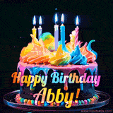A mesmerizing animated cake with multicolor frosting and candles, and the words 'Happy Birthday Abby' on the black background.