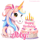 An adorable animated unicorn with soft pastel colors sits beside a birthday cake with glowing candles, and a pink 'Happy Birthday Abby!' words.