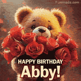 Cinematic style cute animated teddy bear with charming features holding a large bouquet of red roses, the words say 'Happy Birthday Abby' in sans serif font.