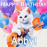 Animated GIF featuring a charming white cat with bright blue eyes strumming a guitar while colorful balloons float in the background, with 'Happy Birthday Abby!' text.