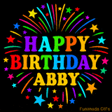 Personalized greeting card with name, colorful text that says 'Happy Birthday Abby' surrounded by animated fireworks and multicolor stars
