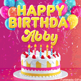 Pink-themed animated greeting with balloons, confetti, and a frosted cake under the message 'Happy Birthday Abby' in bold rounded yellow font.