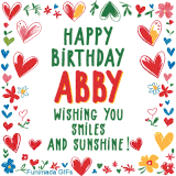 A colorful animated card for Abby’s birthday featuring playful hearts, cheerful flowers, and a handwritten message wishing smiles and sunshine.