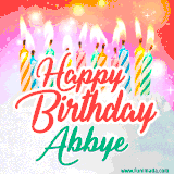 Bright birthday candles with rainbow flames on a cake, alongside the text 'Happy Birthday Abbye' in vibrant script in this celebratory animated GIF.