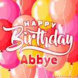 A vibrant name GIF featuring colorful balloons in shades of pink, orange, and yellow with the bold text 'Happy Birthday Abbye' in festive fonts, creating a lively birthday vibe.