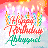 Bright birthday candles with rainbow flames on a cake, alongside the text 'Happy Birthday Abbygael' in vibrant script in this celebratory animated GIF.