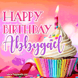A vibrant birthday GIF featuring a rainbow-colored cupcake topped with white frosting, sprinkles, and a lit candle. The text reads 'Happy Birthday Abbygael' in bold pink and violet letters with white outline.