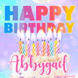 A vibrant animated name GIF with the words 'Happy Birthday Abbygael' with colorful candles on a creamy cake. The background sparkles with pastel shades, adding a festive touch.