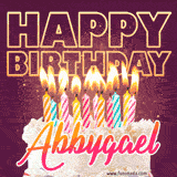 A colorful birthday cake topped with lit candles, with the words 'Happy Birthday Abbygael' in bold glowing letters on a burgundy background. Animated flames add a festive touch.