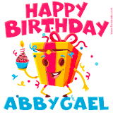 A vibrant and funny gift box character with a happy face dancing with a cupcake and the text 'Happy Birthday Abbygael,' surrounded by animated confetti and party vibes.