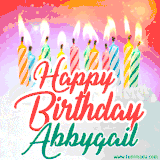 Bright birthday candles with rainbow flames on a cake, alongside the text 'Happy Birthday Abbygail' in vibrant script in this celebratory animated GIF.