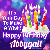 A colorful birthday GIF for Abbygail featuring a cupcake with vibrant lit candles and the text 'It's Your Day to Make a Wish! Happy Birthday Abbygail' in bold letters on a festive purple background.