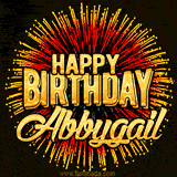 Golden 'Happy Birthday Abbygail' text accompanied by animated rainbow fireworks for a festive animated greeting.
