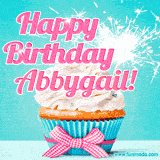 A festive cupcake with pink icing, a gingham bow, and a lit animated sparkler, paired with 'Happy Birthday Abbygail!' in bright pink text.