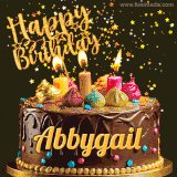 A delightful chocolate birthday cake with bright candles and 'Happy Birthday Abbygail' written in gold amidst a shower of animated stars.
