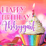 A vibrant birthday GIF featuring a rainbow-colored cupcake topped with white frosting, sprinkles, and a lit candle. The text reads 'Happy Birthday Abbygail' in bold pink and violet letters with white outline.
