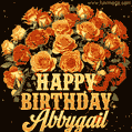 Animated bouquet of orange roses with moving butterfles and golden 'Happy Birthday Abbygail' text, surrounded by sparkling accents and a dark backdrop for a luxurious feel.
