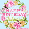 A charming animated GIF featuring 'Happy Birthday Abbygail' in pink and green text, surrounded by delicate roses, leaves, and fluttering butterflies on a soft light blue pastel background.