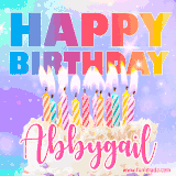 A vibrant animated name GIF with the words 'Happy Birthday Abbygail' with colorful candles on a creamy cake. The background sparkles with pastel shades, adding a festive touch.