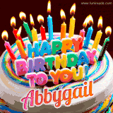A colorful birthday cake topped with lit candles, with the words 'Happy Birthday Abbygail' in bold glowing letters on a burgundy background. Animated flames add a festive touch.