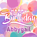 A vibrant name GIF featuring colorful balloons in shades of pink, orange, and yellow with the bold text 'Happy Birthday Abbygail' in festive fonts, creating a lively birthday vibe.