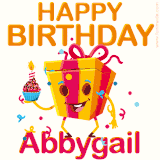 A vibrant and funny gift box character with a happy face dancing with a cupcake and the text 'Happy Birthday Abbygail,' surrounded by animated confetti and party vibes.