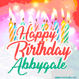 Bright birthday candles with rainbow flames on a cake, alongside the text 'Happy Birthday Abbygale' in vibrant script in this celebratory animated GIF.