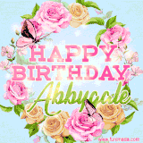 A charming animated GIF featuring 'Happy Birthday Abbygale' in pink and green text, surrounded by delicate roses, leaves, and fluttering butterflies on a soft light blue pastel background.