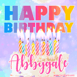 A vibrant animated name GIF with the words 'Happy Birthday Abbygale' with colorful candles on a creamy cake. The background sparkles with pastel shades, adding a festive touch.