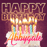 A colorful birthday cake topped with lit candles, with the words 'Happy Birthday Abbygale' in bold glowing letters on a burgundy background. Animated flames add a festive touch.
