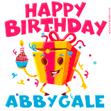 A vibrant and funny gift box character with a happy face dancing with a cupcake and the text 'Happy Birthday Abbygale,' surrounded by animated confetti and party vibes.