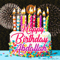 Amazing Animated GIF Image for Abdallah with Birthday Cake and Fireworks