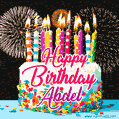Amazing Animated GIF Image for Abdel with Birthday Cake and Fireworks