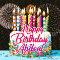 Amazing Animated GIF Image for Abdoul with Birthday Cake and Fireworks