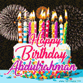 Amazing Animated GIF Image for Abdulrahman with Birthday Cake and Fireworks