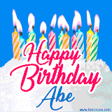 A cheerful animated GIF featuring colorful lit birthday candles on a white cake, with the text 'Happy Birthday Abe' in bold red and blue script on a bright blue background.