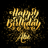 Animated GIF with colorful, festive 'Happy Birthday Abe' text decorated with patterns, a party hat, and falling confetti. A vibrant and cheerful design for birthday celebrations.